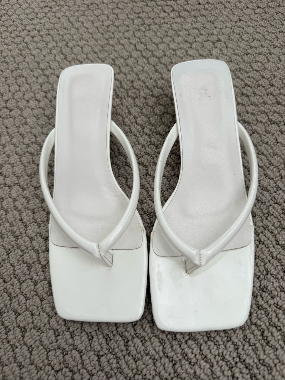 Amazon White Square-Toe Thong Heels